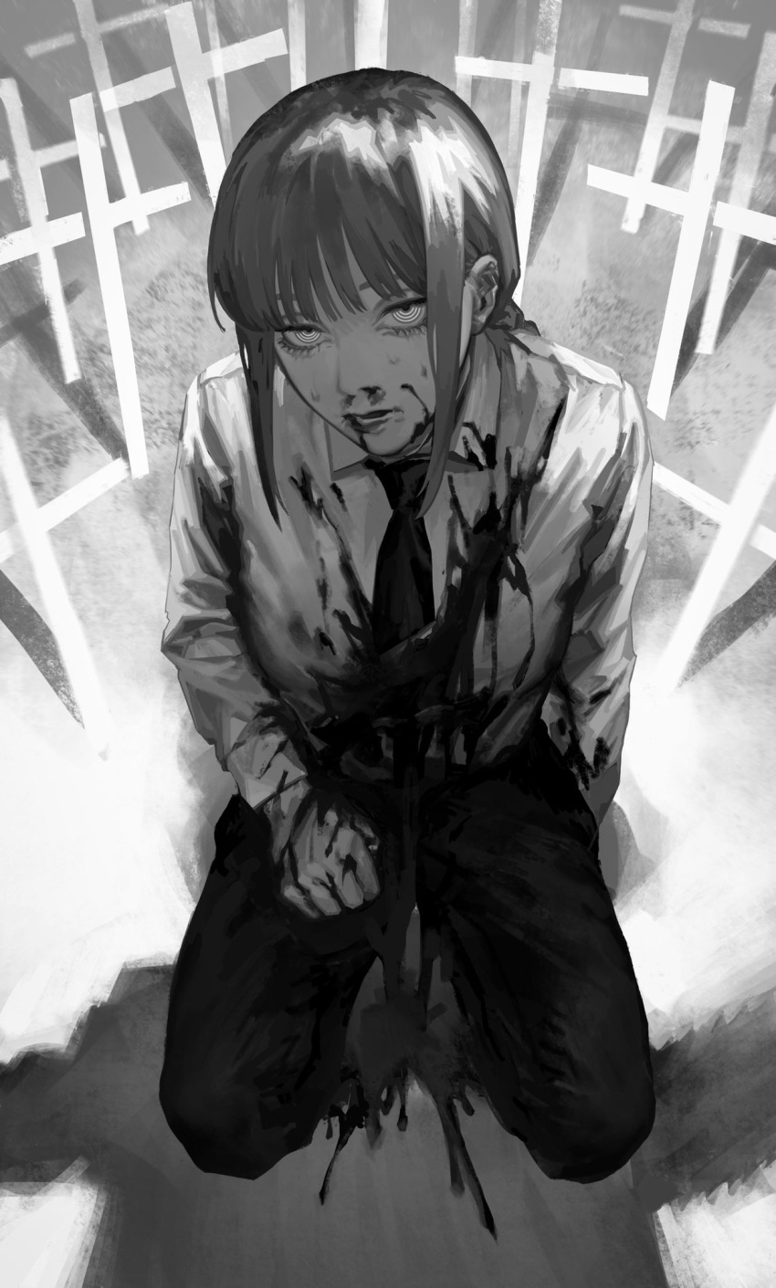 1girl bangs bleeding blood blood_on_face bloody_clothes blunt_bangs chainsaw chainsaw_man clenched_hand collared_shirt cross denji_(chainsaw_man) dress_shirt expressionless from_above full_body greyscale half-closed_eyes hand_on_own_thigh highres injury latin_cross long_sleeves looking_at_viewer makima_(chainsaw_man) monochrome necktie nosebleed out_of_frame pants parted_lips ringed_eyes seiza seki_(fyfyfy) shadow shirt shirt_tucked_in sitting solo_focus spoilers sweatdrop
