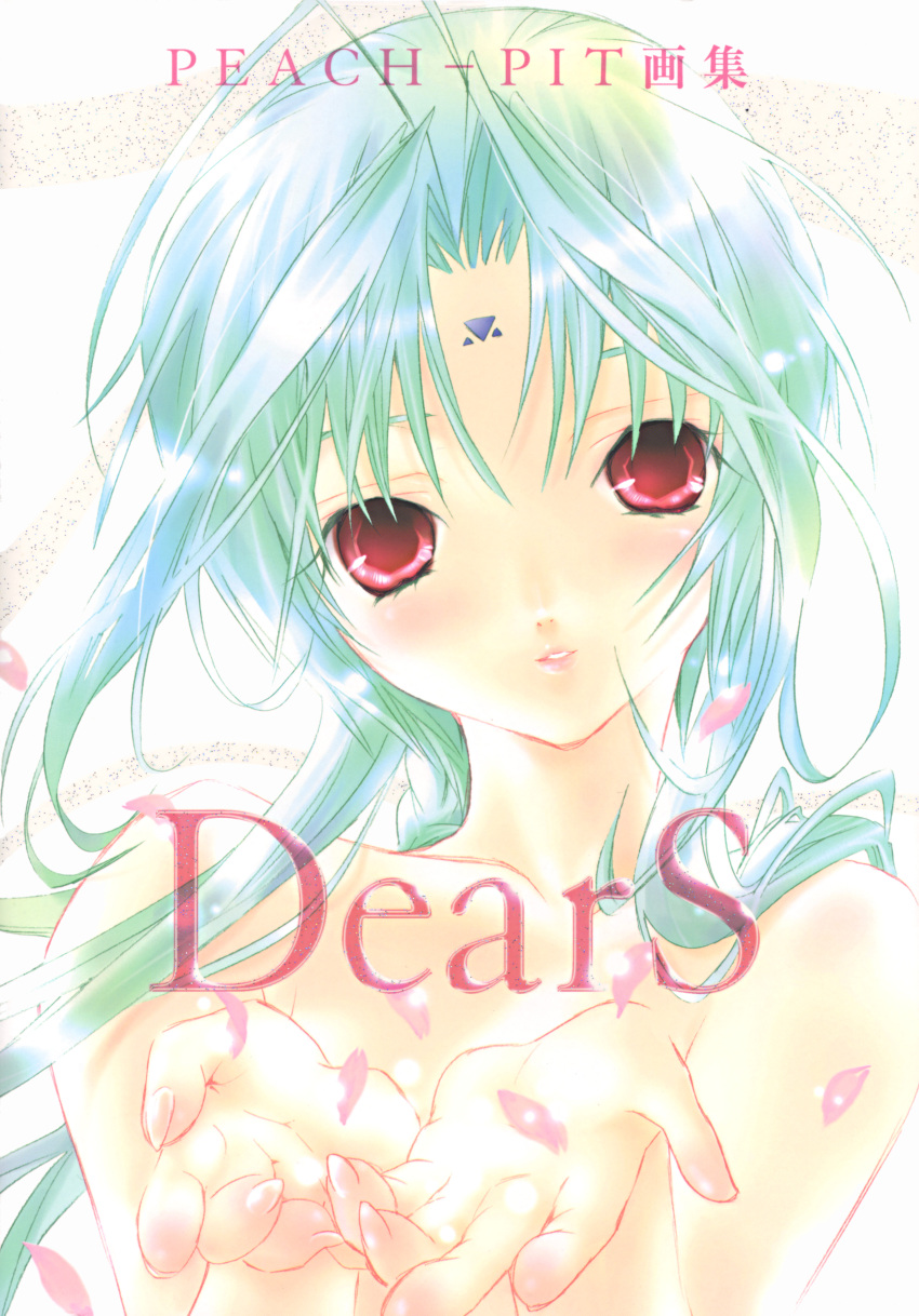 absurdres antenna_hair aqua_hair cover cover_page dears facial_mark forehead_mark green_hair highres long_hair nude peach-pit petals red_eyes ren_(dears) scan solo