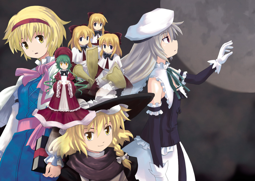 blonde_hair blue_eyes book braid doll gloves green_hair hairband haniwa haniwa_(leaf_garden) hat kirisame_marisa lance long_hair maybell original polearm red_eyes shanghai shanghai_doll shield short_hair silver_hair sword touhou weapon white_gloves witch_hat yellow_eyes