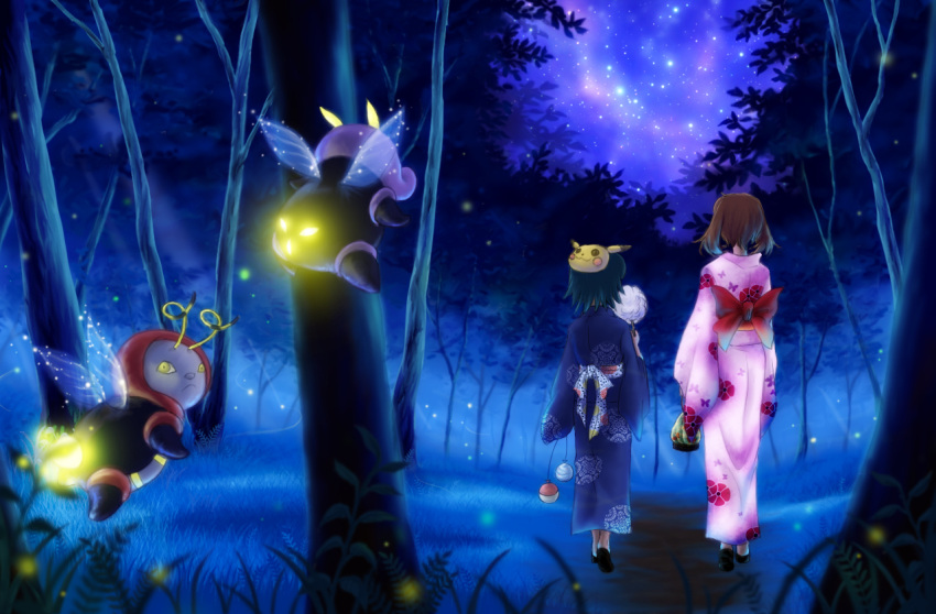 bow cotton_candy emako food forest haruka_(pokemon) illumise japanese_clothes kimono lantern mask nature night nintendo pikachu pokemon pokemon_(creature) star tree volbeat yellow_eyes