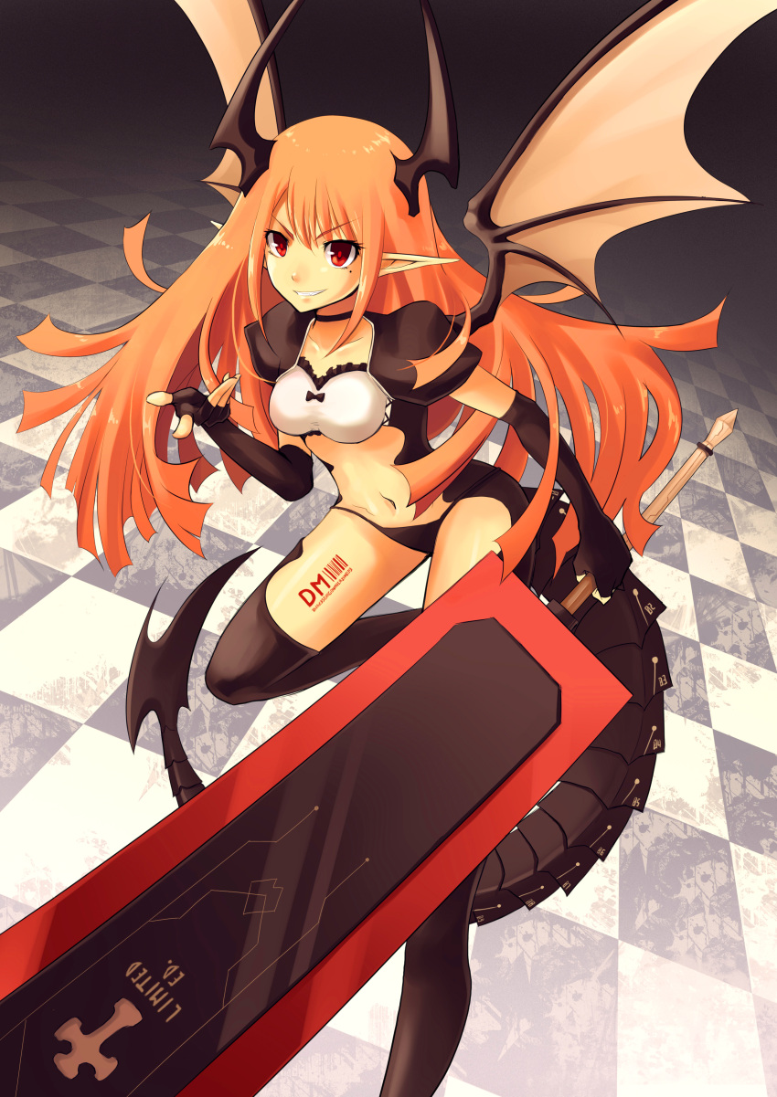 bad_id barcode bow breasts dragon dragon_girl dragon_tail dragon_wings elbow_gloves fingerless_gloves gloves grin highres horns huge_sword huge_weapon long_hair midriff mole navel ochakai_shinya orange_hair panties pointy_ears red_eyes smile solo sword tail thigh-highs thighhighs thong underwear very_long_hair weapon wings