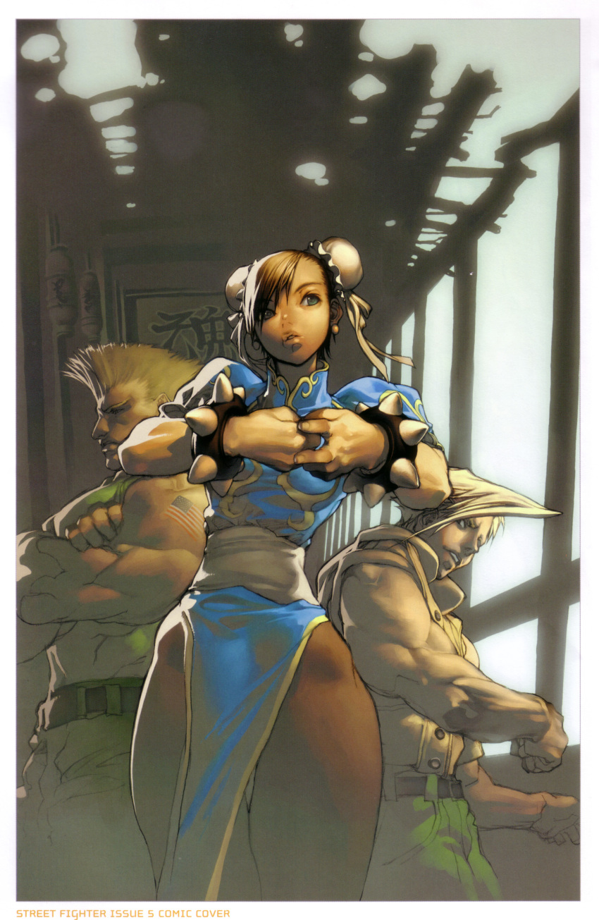 america blonde_hair bracelet breasts brown_eyes brown_hair bun_cover charlie charlie_nash china_dress chinadress chinese_clothes chun-li curvy double_bun guile highres hyung_tae_kim jewelry large_breasts lips muscle pantyhose short_hair spiked_bracelet spikes street_fighter thick_thighs thighs