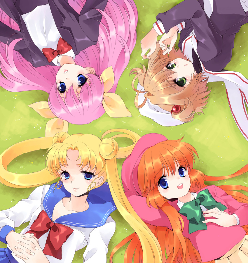 blonde_hair blue_eyes brown_hair card_captor_sakura cardcaptor_sakura crossover double_bun grass green_eyes hair_bobbles hair_ornament hanasaki_momoko haneoka_meimi hat highres kaitou_saint_tail kinomoto_sakura leeori long_hair lying magical_girl orange_hair pink_hair school_uniform serafuku short_hair tsukino_usagi wedding_peach