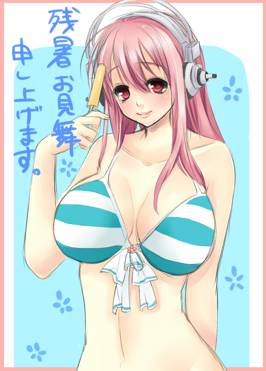 1girl bikini blush breasts cleavage commentary_request headphones highres large_breasts long_hair looking_at_viewer miura_hajime navel nitroplus pink_eyes pink_hair popsicle smile solo super_sonico swimsuit