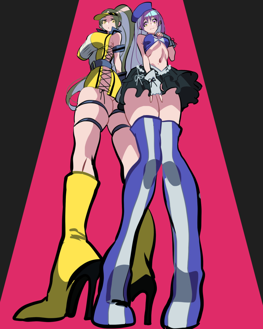 2girls \m/ alternate_costume asamiya_athena back-to-back blue_boots boots breasts brown_eyes brown_hair dress fingerless_gloves gloves high_heel_boots high_heels highres hohehohe idol king_of_fighters knee_boots large_breasts long_hair midriff multiple_girls navel ponytail purple_hair shiranui_mai short_dress side-tie_costume skindentation skirt taut_clothes thigh-highs thigh_boots thigh_strap very_long_hair violet_eyes yellow_boots