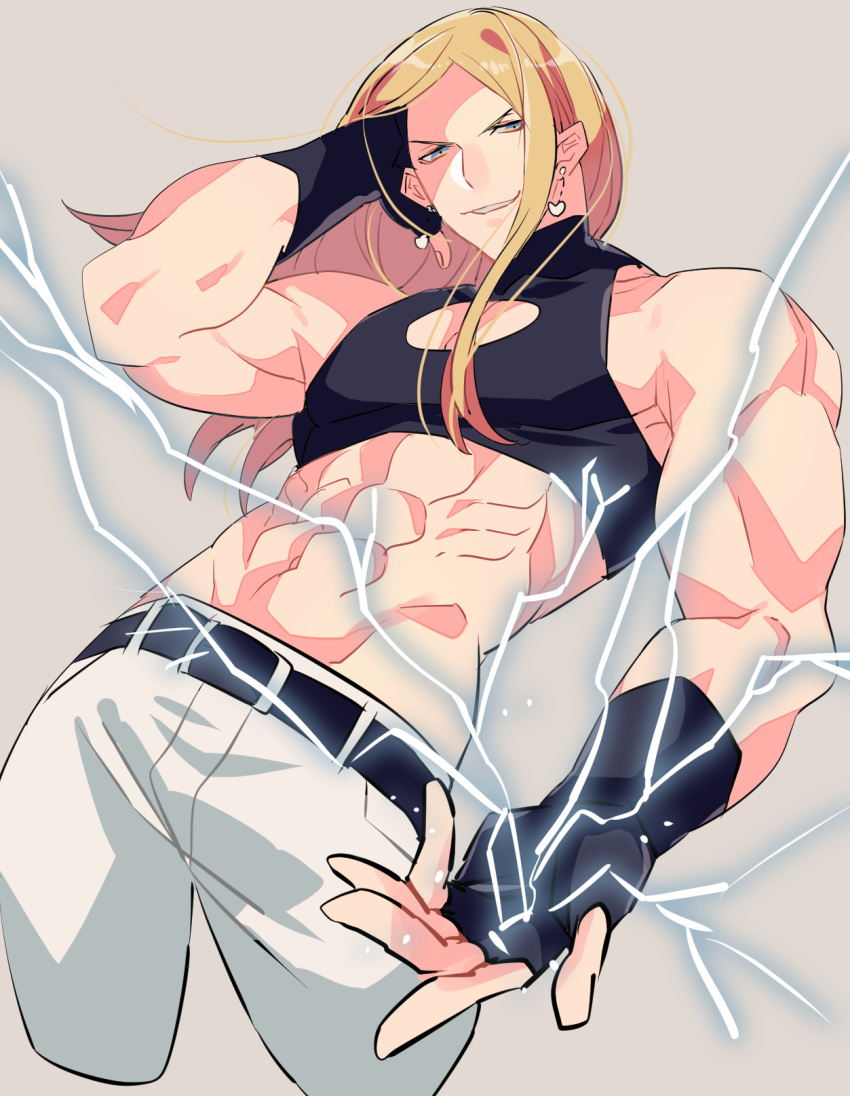 1boy abs bare_shoulders blonde_hair blue_eyes cleavage_cutout crop_top cropped_legs earrings electricity fingerless_gloves gloves halterneck heart heart_earrings highres hohehohe jewelry king_of_fighters male_focus midriff muscle nikaido_benimaru solo