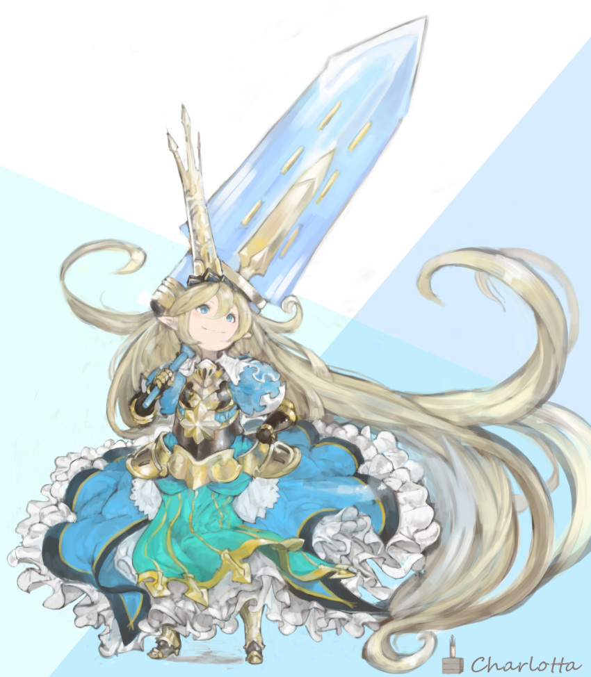 1girl absurdly_long_hair armor armored_dress bangs blonde_hair blue_dress blue_eyes breastplate character_name charlotte_(granblue_fantasy) crown dress gauntlets granblue_fantasy hair_between_eyes highres holding holding_sword holding_weapon huge_weapon long_hair looking_up n9+ over_shoulder pointy_ears puffy_short_sleeves puffy_sleeves short_sleeves smile solo standing sword very_long_hair weapon weapon_over_shoulder