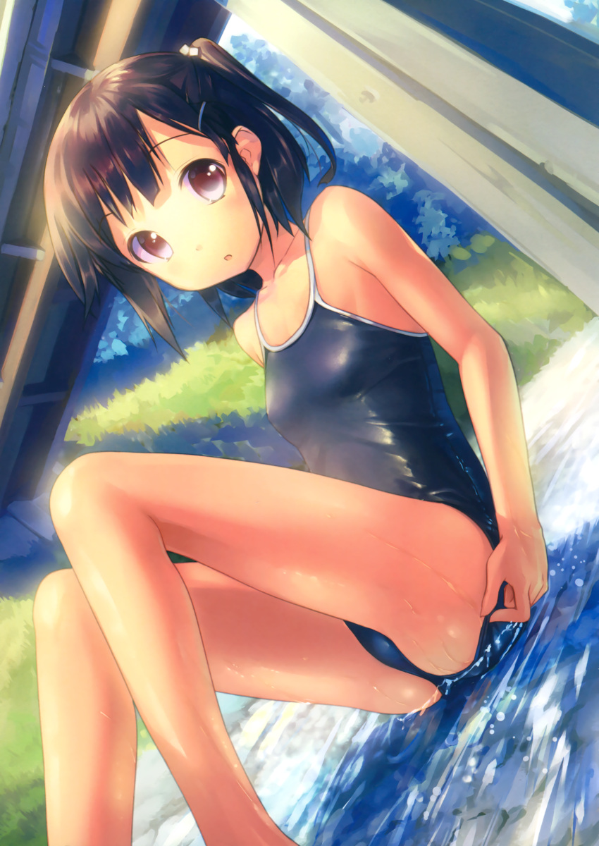 1girl absurdres adjusting_clothes adjusting_swimsuit black_hair competition_school_swimsuit dutch_angle hair_ornament hairclip highres one_side_up original outdoors partially_submerged scan school_swimsuit sitting small_breasts solo swimsuit takoyaki_(roast) violet_eyes water wet