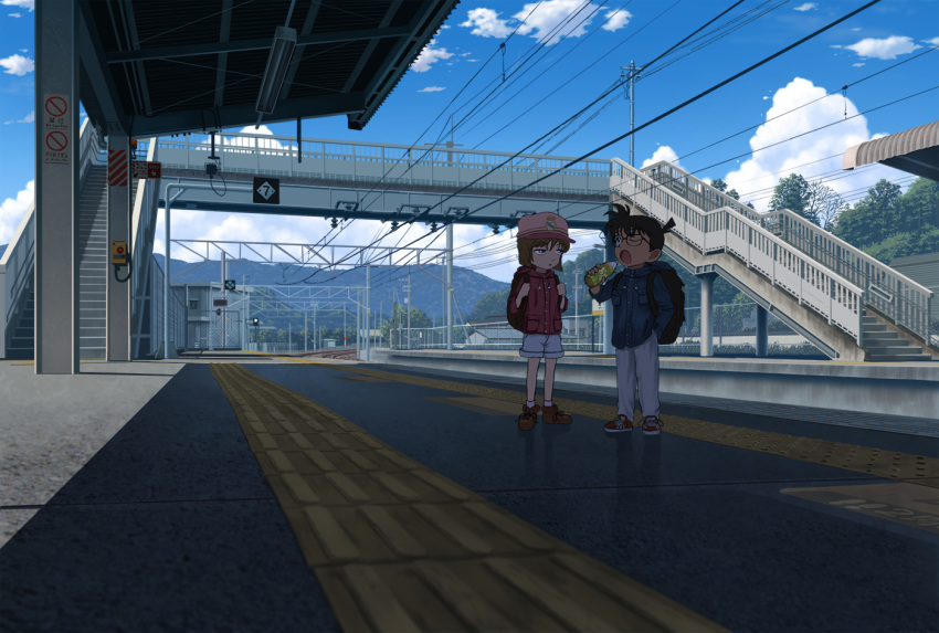 1boy 1girl backpack bag black_hair blue_eyes blue_sky bottle brown_hair child clouds edogawa_conan glasses haibara_ai hand_in_pocket hat meitantei_conan nauimusuka one_eye_closed open_mouth outdoors randoseru scenery short_hair sky standing tactile_paving train_station