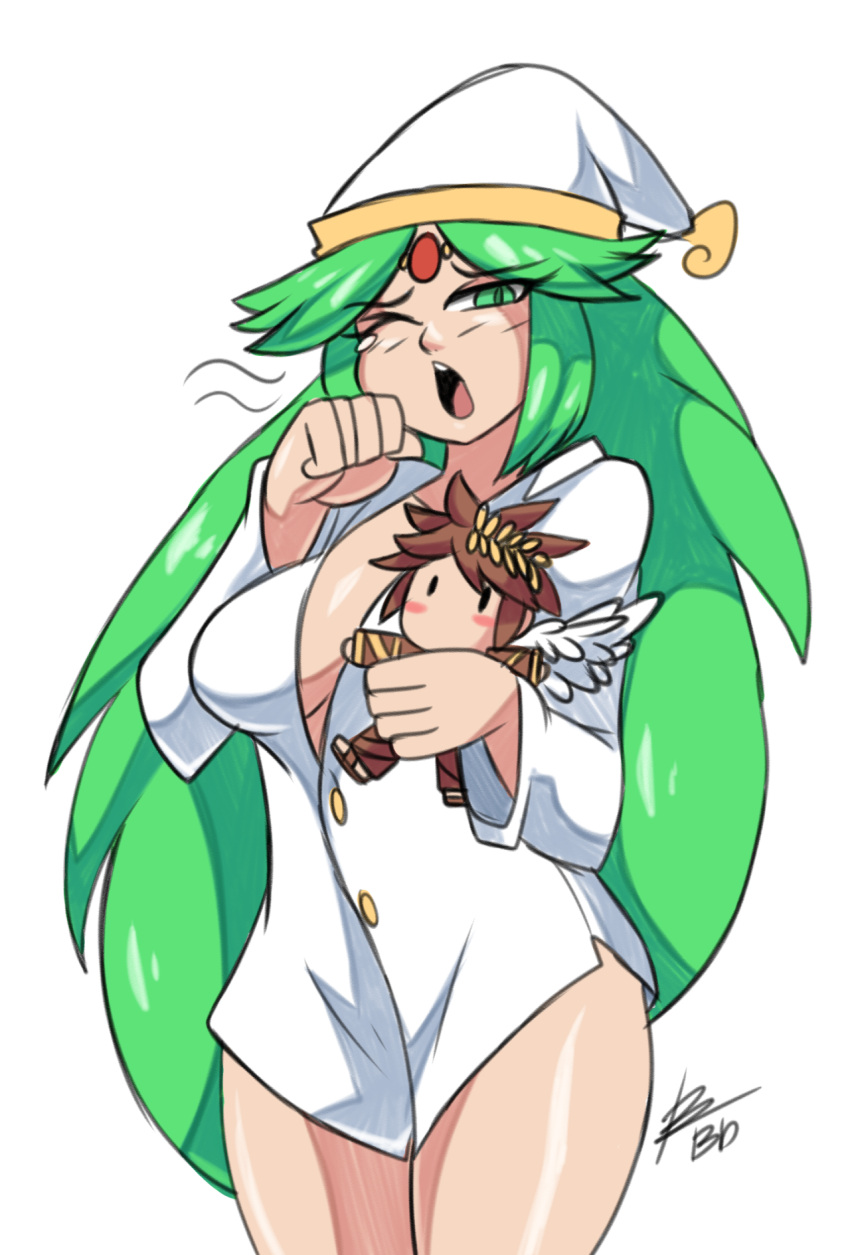 1girl bigdead93 breasts character_doll cleavage forehead_jewel green_eyes green_hair hat highres kid_icarus_uprising large_breasts long_hair one_eye_closed pajamas palutena pit_(kid_icarus) sleepwear solo teardrop tiara