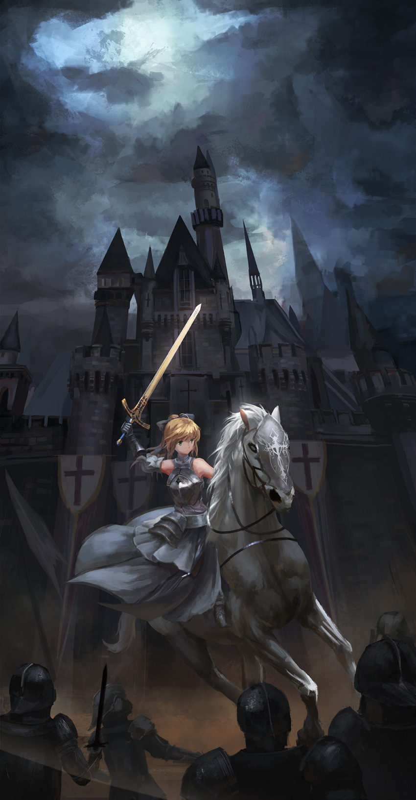 1girl armor armored_dress bare_shoulders blonde_hair castle cross fate/unlimited_codes fate_(series) gauntlets green_eyes hair_ribbon highres horse ponytail ribbon saber saber_lily sword tianya_beiming weapon