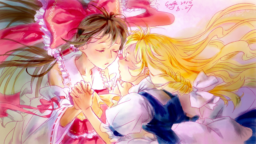 2girls ascot blonde_hair bow braid brown_hair closed_eyes dated detached_sleeves face-to-face floating_hair hair_bow hair_tubes hakurei_reimu highres holding_hands incipient_kiss kirisame_marisa long_hair multiple_girls no_hat parted_lips ponytail puffy_short_sleeves puffy_sleeves red_bow sakuraga_ochiru short_sleeves side_braid sidelocks signature touhou very_long_hair white_bow wide_sleeves wind yuri