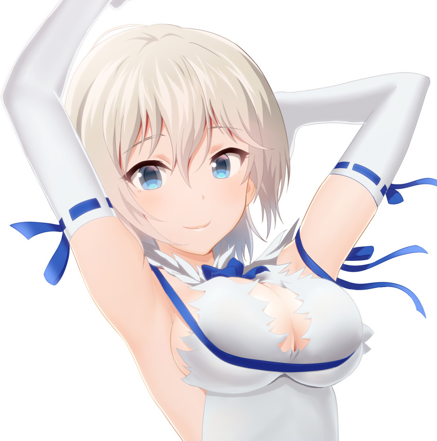 1girl anastasia_(idolmaster) blue_eyes breasts cosplay dungeon_ni_deai_wo_motomeru_no_wa_machigatteiru_darou_ka gloves hestia_(danmachi) hestia_(danmachi)_(cosplay) highres idolmaster idolmaster_cinderella_girls rei_no_himo ribbon short_hair silver_hair smile solo takahirokun