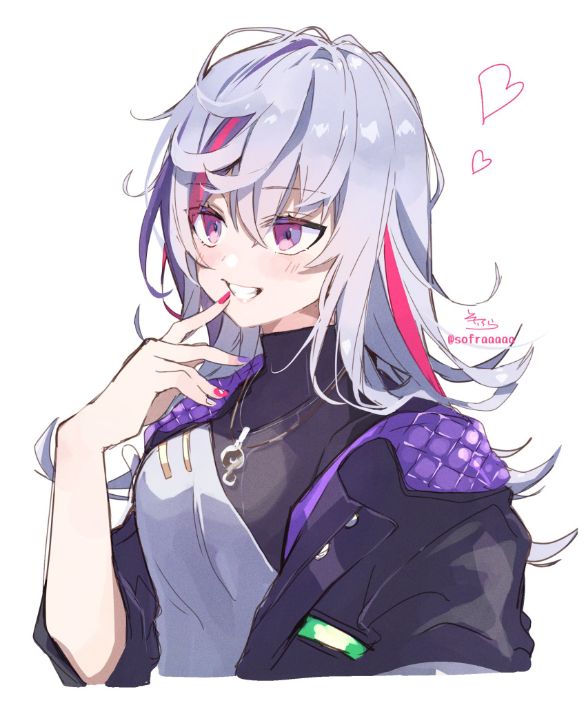 1girl absurdres black_jacket blush breasts commentary_request cropped_torso finger_to_mouth fuwa_minato genderswap genderswap_(mtf) grin hand_up heart highres jacket long_hair looking_away multicolored_hair nail_polish nijisanji open_clothes open_jacket purple_hair red_eyes red_nails redhead short_sleeves signature silver_hair simple_background small_breasts smile sofra solo streaked_hair twitter_username upper_body virtual_youtuber white_background