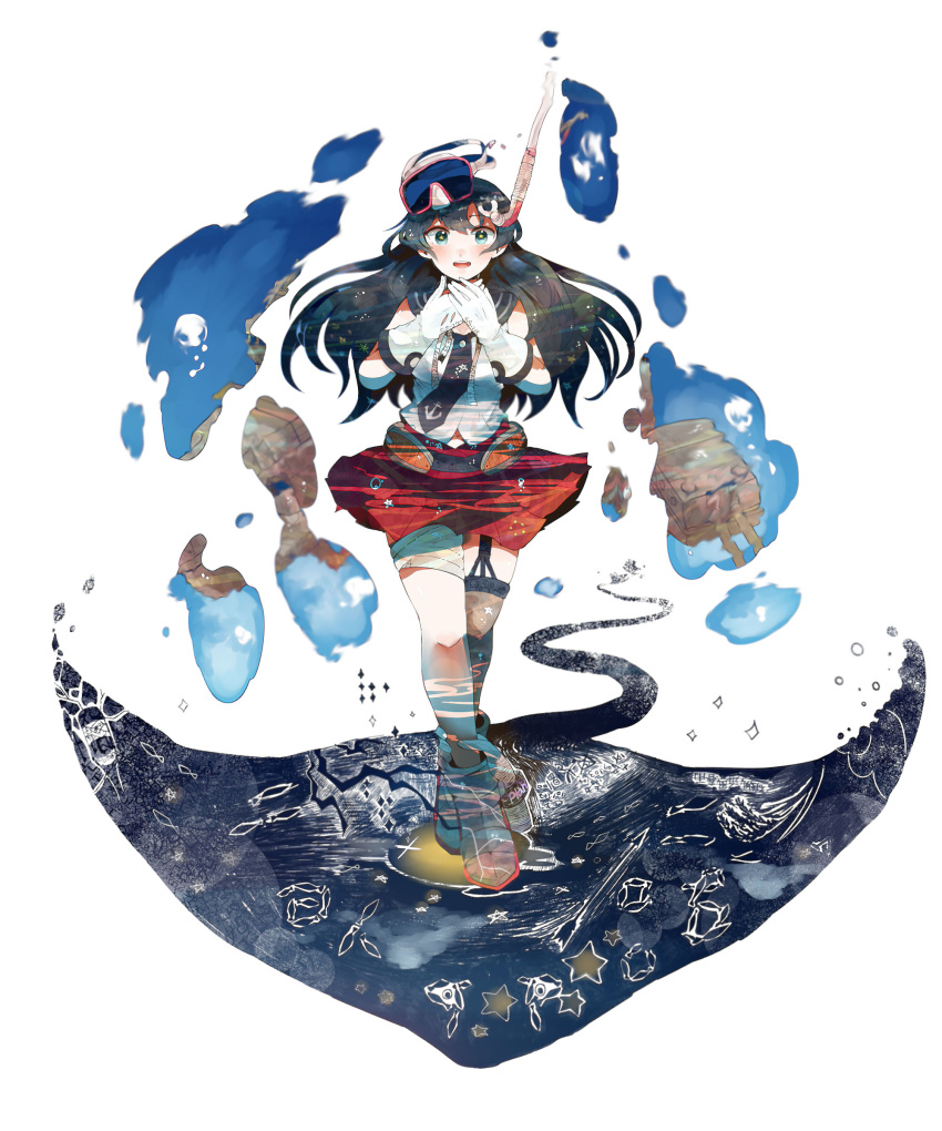 1girl absurdres agano_(kantai_collection) black_hair gloves goggles highres itomugi-kun kantai_collection long_hair open_mouth school_uniform scuba_gear skirt snorkel solo star star-shaped_pupils symbol-shaped_pupils