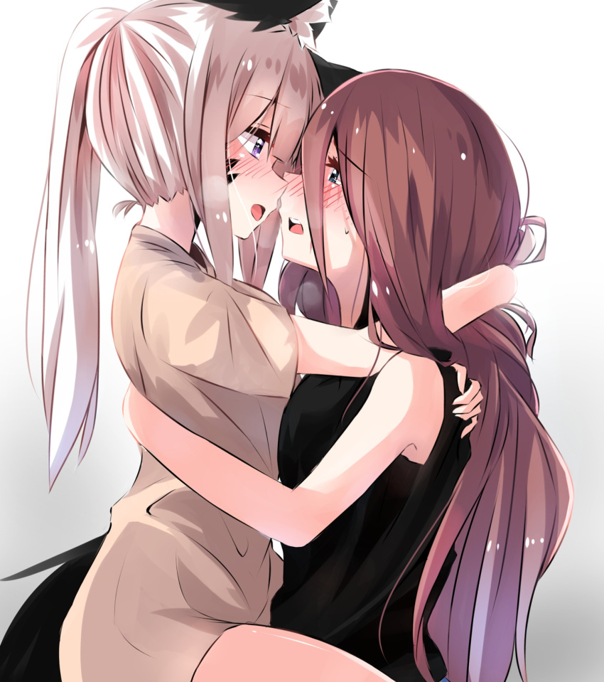 2girls angry_num animal_ears blue_eyes blush brown_hair eye_contact feena_(angry_num) from_side girl_on_top highres hug incipient_kiss long_hair looking_at_another maria_(angry_num) multiple_girls open_mouth original ponytail profile silver_hair sitting tail violet_eyes yuri