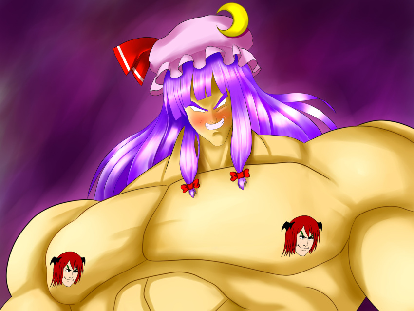 &gt;:) 1boy blank_eyes blush broly censored character_censor cosplay dragon_ball dragon_ball_z evil_grin evil_smile grin hat highres koakuma long_hair mob_cap muscle no_pupils novelty_censor patchouli_knowledge pointless_censoring purple_hair smile solo touhou