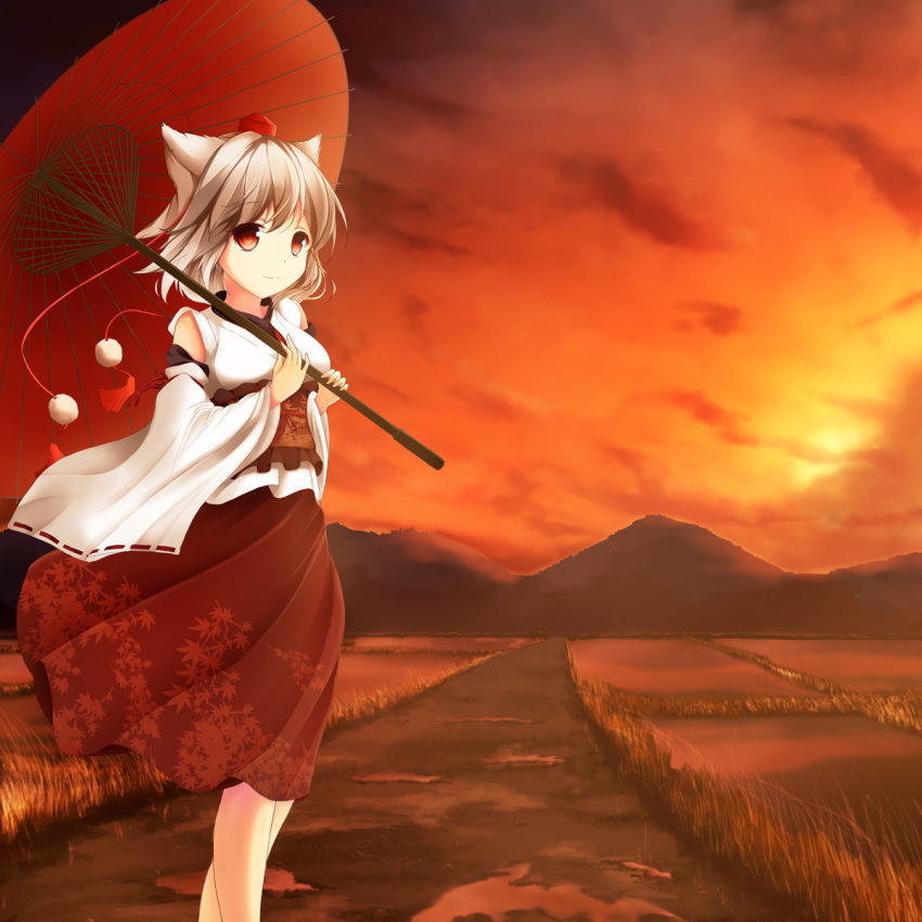 1girl animal_ears detached_sleeves hat highres inubashiri_momiji japanese_clothes long_sleeves looking_at_viewer meimei_(pixiv1974159) mountain obi oriental_umbrella pom_pom_(clothes) red_eyes sash shirt short_hair skirt sky smile solo string tokin_hat touhou umbrella wide_sleeves wolf_ears