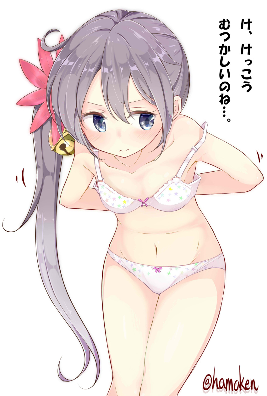 1girl 3: 3:&lt; absurdres akebono_(kantai_collection) bare_shoulders bell bra closed_mouth flower hair_bell hair_flower hair_ornament highres kantai_collection kengorou_saemon_ii_sei long_hair navel panties ponytail purple_hair side_ponytail simple_background solo translated twitter_username underwear underwear_only wavy_mouth white_background