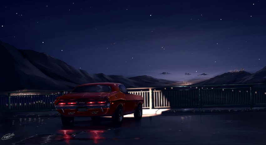 car city_lights dodge dodge_challenger dreadtie grate highres landscape motor_vehicle night night_sky no_humans original radio_telescope railing revision road scenery signature sky star_(sky) vehicle