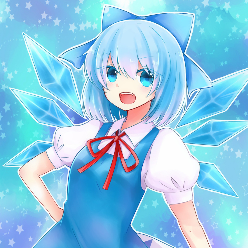 1girl blue_background blue_dress blue_eyes blue_hair cirno dress fang hair_ribbon hand_on_hip highres leaning looking_at_viewer nekotamago open_mouth outline puffy_short_sleeves puffy_sleeves ribbon short_hair short_sleeves solo star starry_background touhou upper_body wings