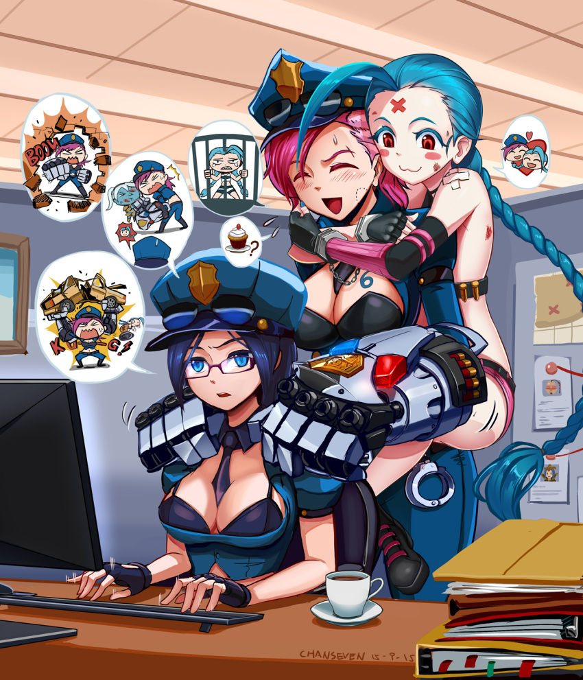 1boy 5girls :3 ahoge artist_name bandages bare_shoulders bespectacled between_breasts blue_eyes blue_hair braid breasts caitlyn_(league_of_legends) chan_qi_(fireworkhouse) cleavage closed_eyes computer cuffs cupcake dated emilia_leblanc gauntlets glasses handcuffs highres huge_ahoge jinx_(league_of_legends) large_breasts league_of_legends lee_sin long_hair multiple_girls necktie necktie_between_breasts pink_hair police police_uniform policewoman poppy red_eyes shoulder_massage smile tattoo tattooed_breast uniform very_long_hair vi_(league_of_legends)