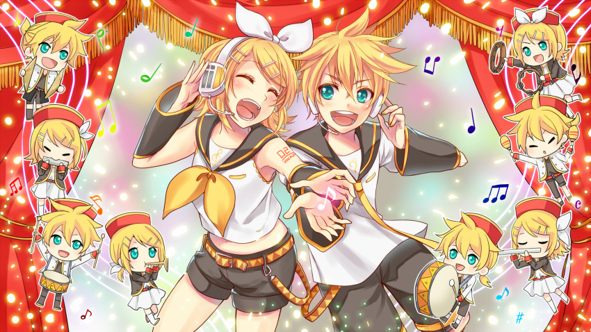 1boy 1girl ^_^ aqua_eyes blonde_hair bow brother_and_sister chibi closed_eyes curtains cymbals drum flute hair_bow hair_ornament hairclip harmonica headset highres instrument kagamine_len kagamine_rin maracas musical_note open_mouth sailor_collar setora shorts siblings smile tambourine trumpet vocaloid
