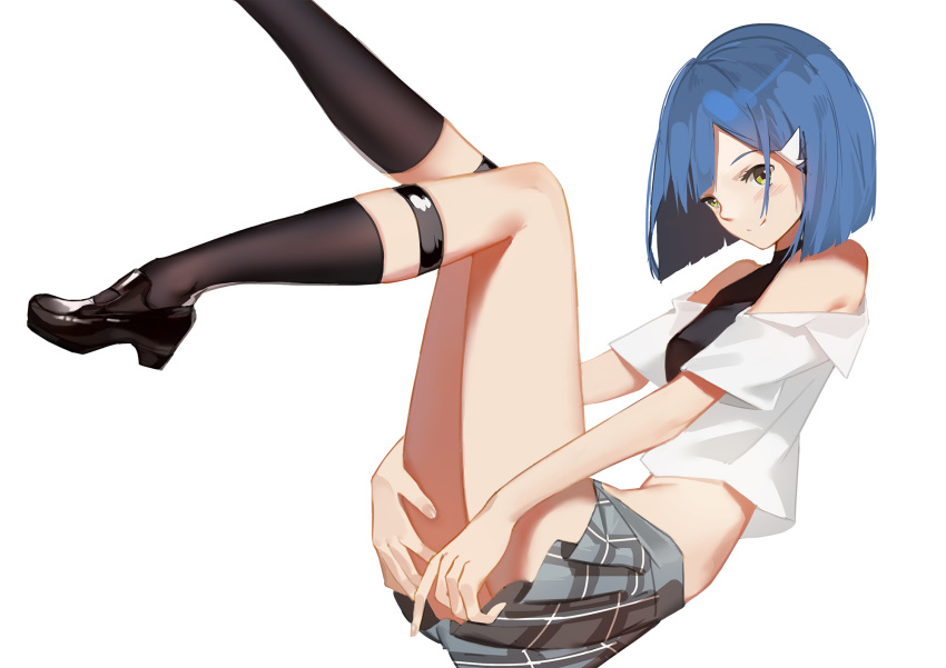 1girl bare_shoulders blue_hair blush casual commentary darling_in_the_franxx green_eyes hair_ornament hairclip high_heels highres ichigo_(darling_in_the_franxx) legs_up looking_at_viewer midriff necktie pleated_skirt reclining sannye shirt short_hair skirt smile socks solo white_shirt