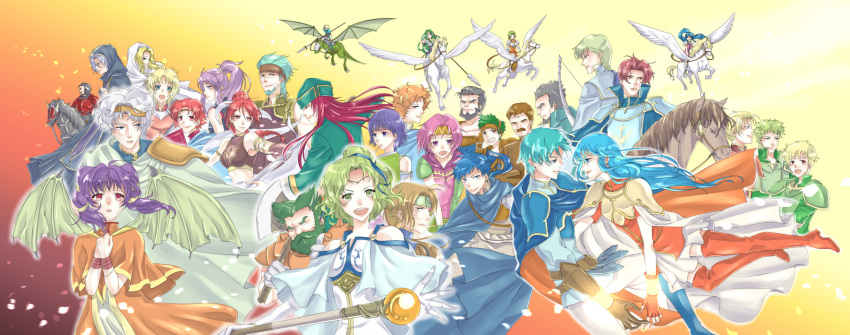 6+boys 6+girls aqua_hair armor artur bare_shoulders bat_wings beard black_hair blonde_hair blue_eyes blue_hair brown_gloves brown_hair character_request dragon facial_hair fingerless_gloves fire_emblem fire_emblem:_seima_no_kouseki franz_(fire_emblem) gloves green_eyes green_hair hat headband highres joshua_(fire_emblem) kaboplus_ko long_hair midriff multiple_boys multiple_girls natasha_(fire_emblem) pegasus ponytail profile purple_hair red_eyes rennac riding short_hair silver_hair tethys white_gloves wings