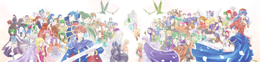 6+boys 6+girls alen bartre beard blue_eyes blue_hair braid brown_hair canas chad_(fire_emblem) character_request dart_(fire_emblem) dayan dragon erk_(fire_emblem) everyone facial_hair fire_emblem fire_emblem:_fuuin_no_tsurugi fire_emblem:_rekka_no_ken geitz_(fire_emblem) green_eyes guy_(fire_emblem) hat hawkeye_(fire_emblem) headband heath highres horse jaffar_(fire_emblem) kaboplus_ko klein_(fire_emblem) lance_(fire_emblem) legault long_hair long_image lowen_(fire_emblem) merlinus_(fire_emblem) multiple_boys multiple_girls nils nimue noah_(fire_emblem) ogier oswin_(fire_emblem) pent perceval profile purple_hair raven_(fire_emblem) red_eyes redhead renault_(fire_emblem) riding roy_(fire_emblem) saul_(fire_emblem) short_hair silver_hair sword trec vaida violet_eyes weapon white_hair wide_image wil_(fire_emblem) wolt zealot_(fire_emblem) zeiss