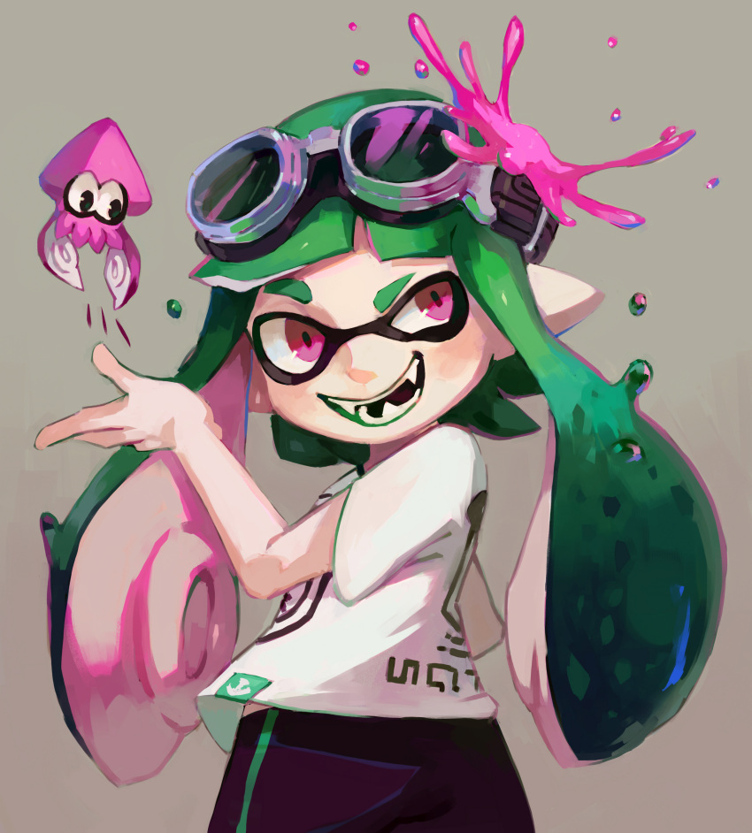 1girl absurdres bike_shorts bluekomadori fangs goggles goggles_on_head green_hair highres inkling looking_back open_mouth paint_splatter pink_eyes pointy_ears smile splatoon squid t-shirt tentacle_hair