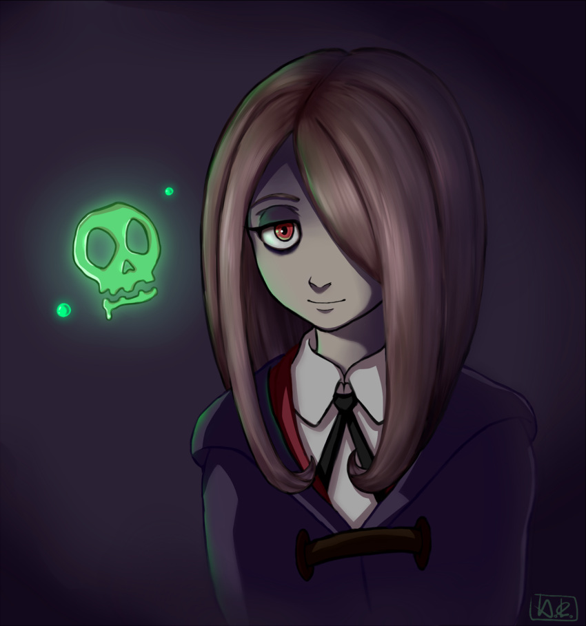 1girl brown_hair felldew hair_over_one_eye highres little_witch_academia long_hair looking_at_viewer purple_background red_eyes signature simple_background skull smile solo sucy_manbabalan witch