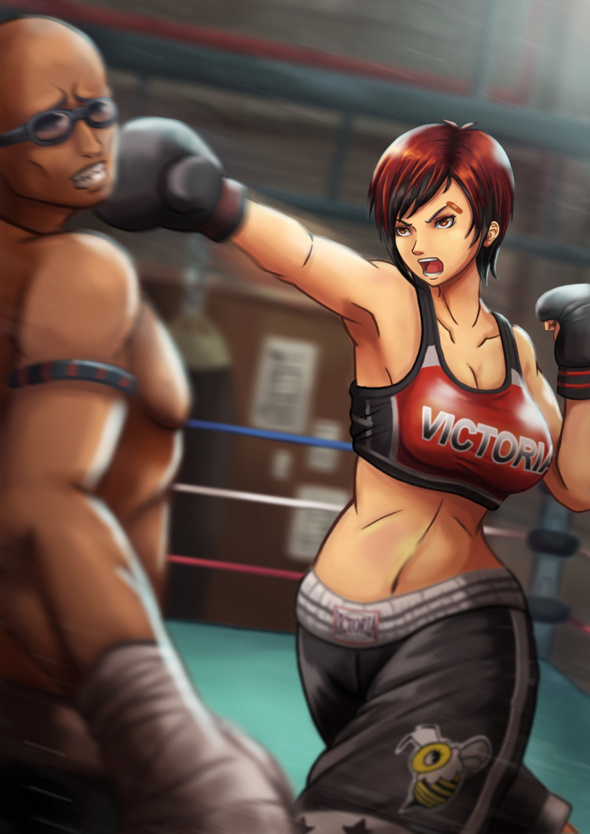 1boy 1girl bandaid boxing_gloves boxing_ring breasts cleavage clothes_writing dark_skin dead_or_alive dead_or_alive_5 emubi eyebrows highres in_the_face large_breasts midriff mila_(doa) open_mouth punching red_eyes redhead short_hair shorts sports_bra very_dark_skin zack_(doa)
