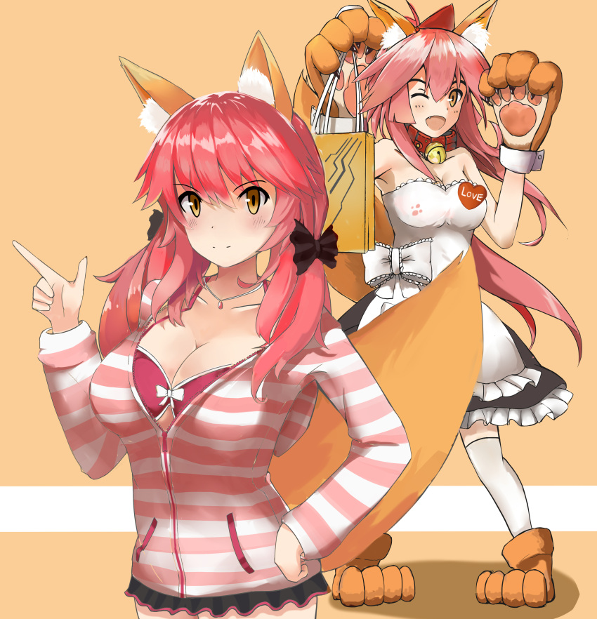 2girls absurdres ahoge animal_ears apron bare_shoulders bell bell_collar blush bow bra breasts caster_(fate/extra) casual cleavage collar collarbone dual_persona fang fate/extra fate/grand_order fate_(series) fox_ears fox_tail hair_bow hair_ribbon hand_on_hip highres large_breasts long_hair looking_at_viewer maid_apron multiple_girls one_eye_closed open_mouth orange_background pink_bra pink_hair ribbon simple_background tail tamamo_cat_(fate/grand_order) twintails underwear white_legwear yellow_eyes