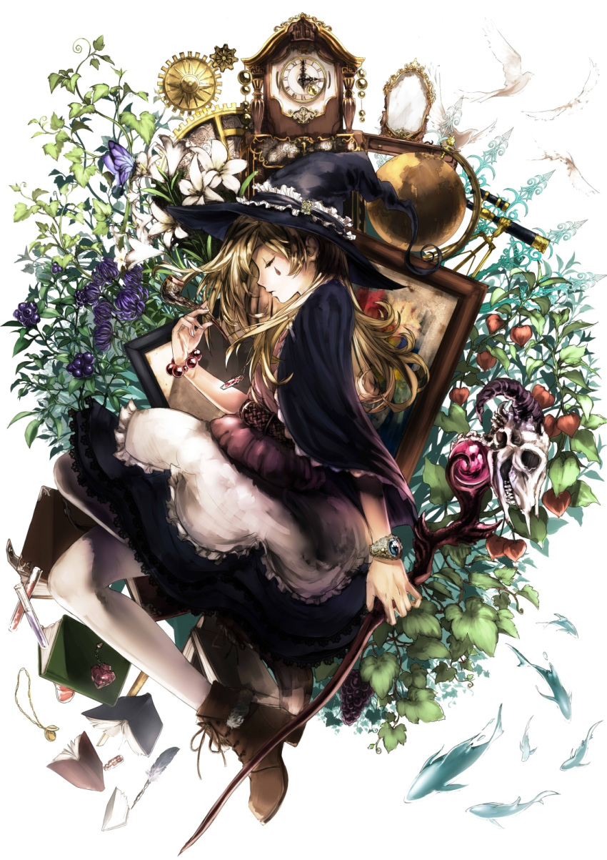 1girl akitani_kou analog_clock ankle_boots belt bird blonde_hair book boots bracelet butterfly capelet clock closed_eyes female fish flower food from_side fruit gears globe hat highres jewelry long_hair necklace original painting_(object) pantyhose pipe plant quill roman_numerals skirt skull solo staff teardrop telescope test_tube white_background white_legwear witch witch_hat