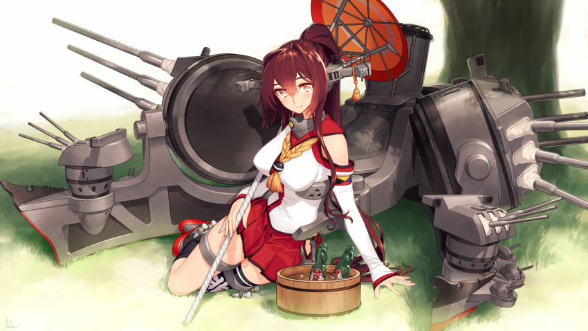 1girl armband bare_shoulders basket black_legwear blew_andwhite breasts brown_hair cherry_blossoms detached_sleeves flower grass hair_flower hair_intakes hair_ornament headgear holding holding_umbrella ice kantai_collection large_breasts long_hair long_sleeves looking_at_viewer machinery miniskirt orange_eyes oriental_umbrella pleated_skirt red_skirt single_thighhigh sitting skirt sleeves_past_wrists smile solo thigh-highs thigh_strap tree turret umbrella very_long_hair water yamato_(kantai_collection) z_flag zettai_ryouiki