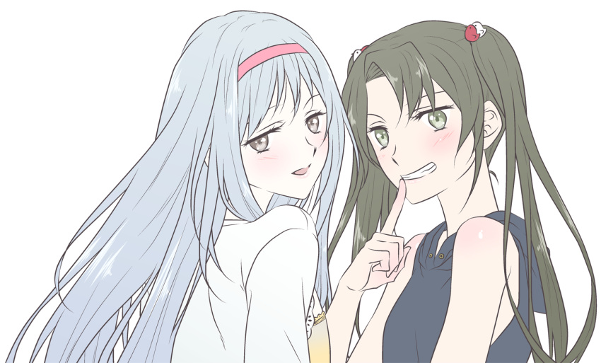 2girls bare_shoulders bird_hair_ornament brown_eyes brown_hair green_eyes grin hair_ornament hairband kantai_collection looking_at_viewer multiple_girls open_mouth shoukaku_(kantai_collection) silver_hair smile twintails udon_(shiratama) upper_body zuikaku_(kantai_collection)