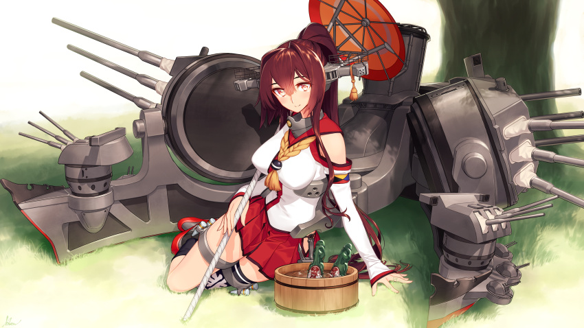 1girl basket blew_andwhite brown_hair cherry_blossoms flower grass hair_flower hair_intakes hair_ornament headgear highres holding holding_umbrella ice kantai_collection long_hair long_sleeves looking_at_viewer machinery miniskirt orange_eyes oriental_umbrella sitting skirt sleeves_past_wrists smile solo thigh-highs thigh_strap tree turret umbrella very_long_hair yamato_(kantai_collection)