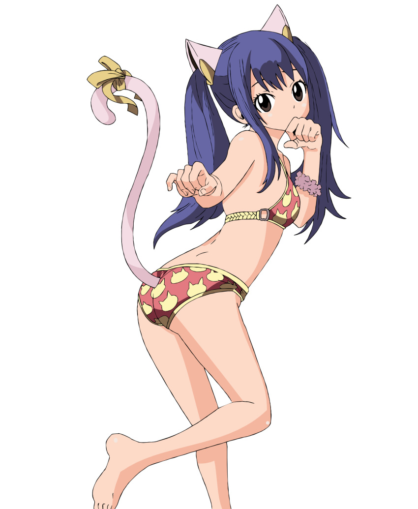 1girl animal_ears barefoot bikini blue_hair brown_eyes cat_ears cat_print cat_tail fairy_tail hands_over_mouth highres looking_at_viewer paw_pose print_bikini ribbon simple_background solo swimsuit tail tail_ribbon twintails wendy_marvell white_background