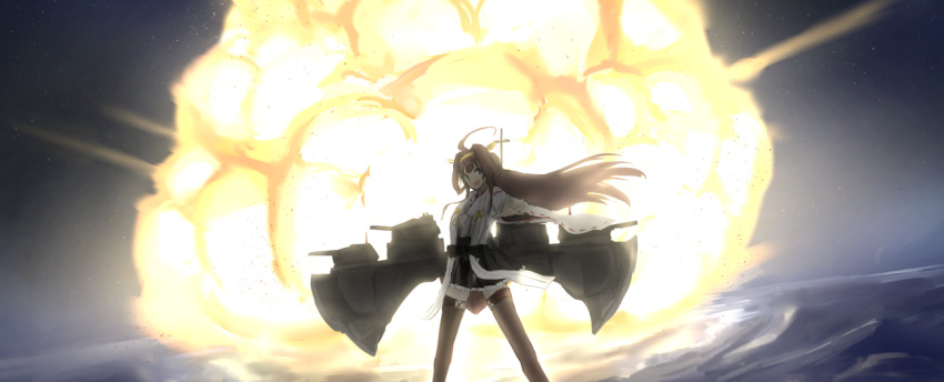1girl ahoge bare_shoulders boots bright_background brown_hair cannon detached_sleeves double_bun explosion hairband headgear japanese_clothes kantai_collection kongou_(kantai_collection) long_hair looking_at_viewer machinery military military_uniform naval_uniform night night_sky nontraditional_miko ocean open_hand open_mouth outstretched_arm remodel_(kantai_collection) ribbon-trimmed_sleeves ribbon_trim skirt sky solo standing star_(sky) starry_sky thigh-highs thigh_boots turret uniform water weasel_(close-to-the-edge) wind