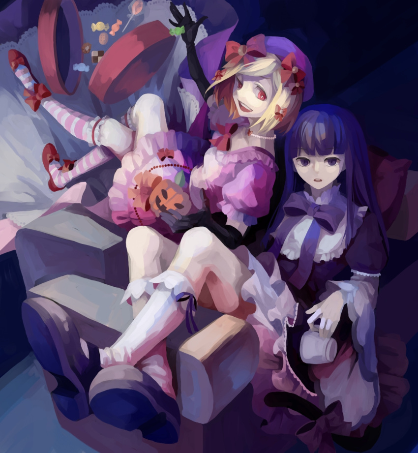 2girls black_gloves blonde_hair blue_eyes blue_hair bow candy cat_tail cookie couch cup dress elbow_gloves food frederica_bernkastel gloves hair_ornament hat highres jack-o'-lantern jewelry kneehighs lambdadelta multiple_girls necklace red_eyes ribbon shoes striped striped_legwear tail tail_ribbon teacup umineko_no_naku_koro_ni vise_(artist)