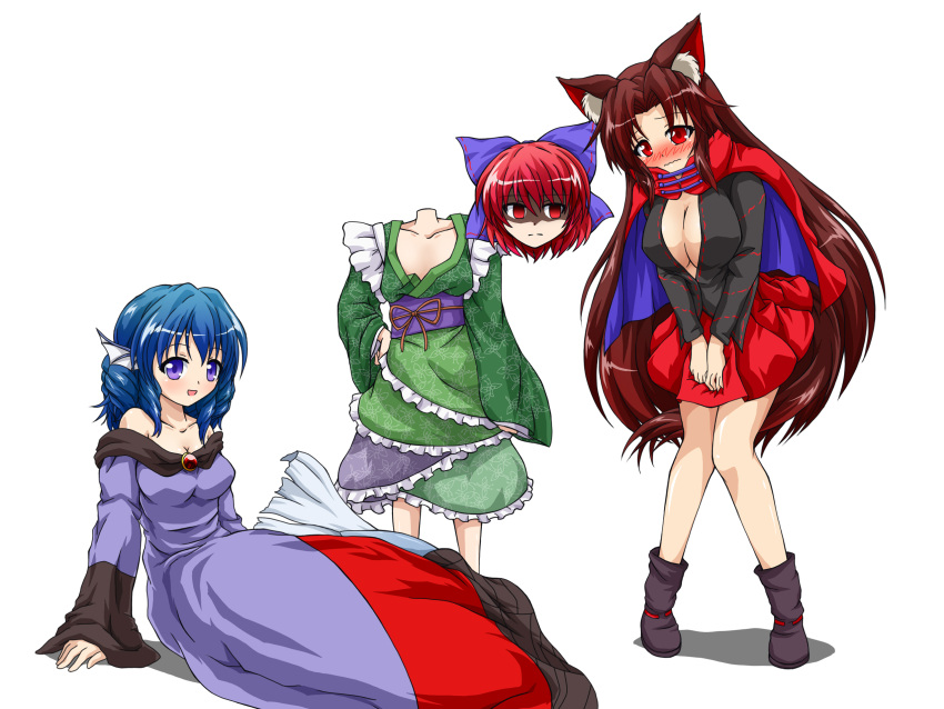 1girl 3girls animal_ears blue_eyes blue_hair blush bow breast_envy breasts brooch brown_hair cape cleavage collarbone cosplay costume_switch disembodied_head dress hair_bow hand_on_hip head_fins highres imaizumi_kagerou imaizumi_kagerou_(cosplay) japanese_clothes jewelry kimono large_breasts long_hair long_sleeves looking_at_viewer mermaid monster_girl multiple_girls obi open_mouth red_eyes redhead sash sekibanki sekibanki_(cosplay) shaded_face shirt short_hair simple_background sitting skirt smile tail ten'yoku touhou very_long_hair wakasagihime wakasagihime_(cosplay) wavy_mouth white_background wide_sleeves wolf_ears wolf_tail