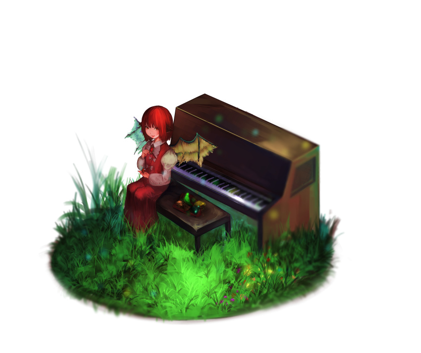 1girl absurdres bird bird_on_hand bird_wings brooch dress faux_figurine from_above grass highres instrument jewelry juliet_sleeves kotton long_sleeves looking_at_viewer mystia_lorelei negative_space no_hat parted_lips piano piano_bench puffy_sleeves red_eyes redhead short_hair simple_background solo touhou white_background wings