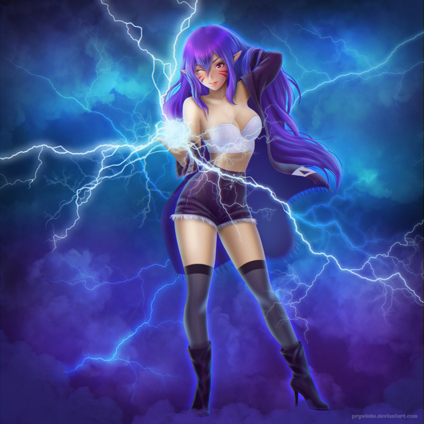 1girl absurdres bare_shoulders black_legwear bustier coat facial_mark hand_in_hair high_heels highres lightning lipstick long_hair magic makeup off_shoulder pointy_ears prywinko purple_hair red_eyes shorts solo stiletto_heels thigh-highs