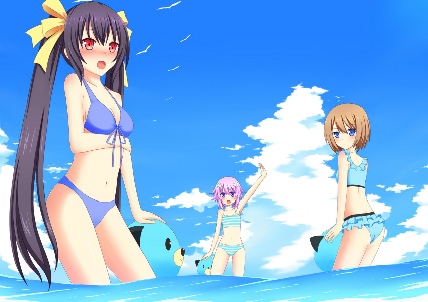 bare_shoulders beach black_hair blanc blue_eyes blush breasts brown_hair cleavage hair_ornament highres long_hair looking_at_viewer looking_back multiple_girls neptune_(choujigen_game_neptune) neptune_(series) noire open_mouth purple_hair red_eyes short_hair smile swimsuit twintails violet_eyes waving