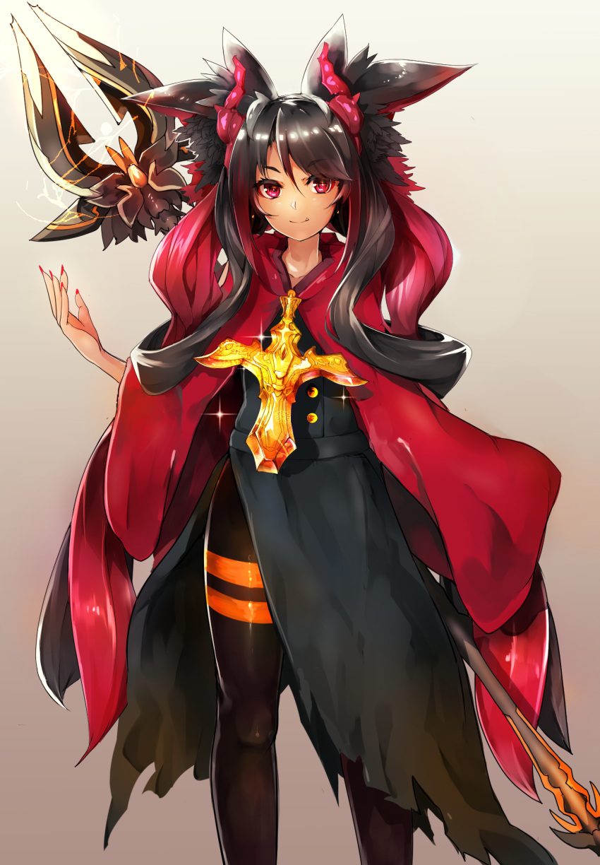 1girl animal_ears bangs black_hair blade buttons cape cross fang gradient_hair highres horns long_hair multicolored_hair nail_polish original pantyhose red_cape red_eyes red_nails redhead shiratan smile solo sparkle weapon