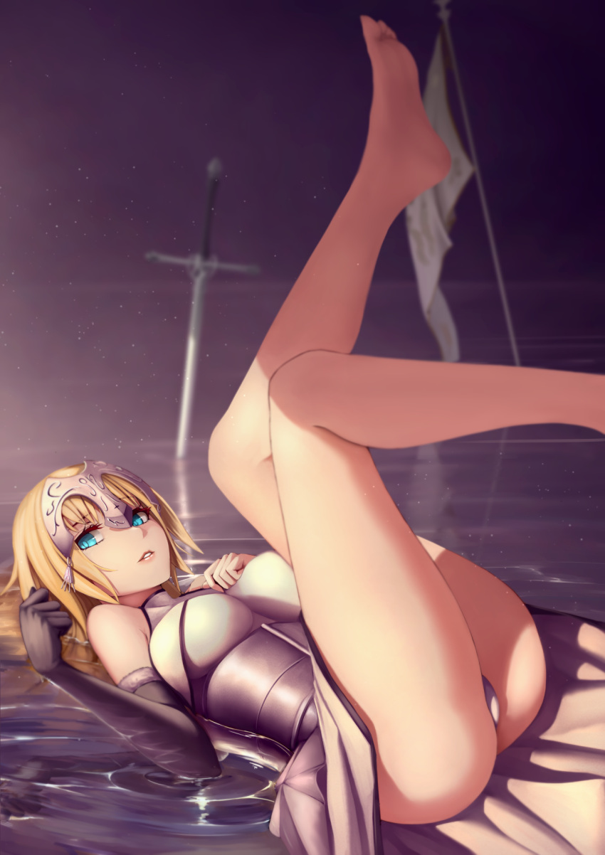 1girl aqua_eyes armor ass bare_legs barefoot black_gloves blonde_hair breasts dress elbow_gloves fate/grand_order fate/stay_night fate_(series) flag gloves highres large_breasts legs_up looking_at_viewer lying on_back panties pantyshot pantyshot_(lying) planted_sword planted_weapon revision ruler_(fate/apocrypha) shijiu_(adamhutt) solo sword underwear water weapon white_dress white_panties