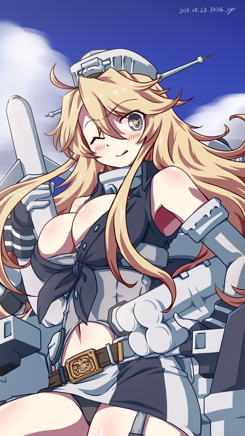 1girl 547th_sy absurdres artist_name blonde_hair blue_eyes blue_sky breasts clouds cowboy_shot dated fingerless_gloves front-tie_top garter_straps gloves highres iowa_(kancolle) kantai_collection large_breasts looking_at_viewer machinery miniskirt one_eye_closed panties pantyshot skirt sky solo star-shaped_pupils star_(symbol) striped symbol-shaped_pupils tongue tongue_out torpedo underwear vertical-striped_skirt vertical_stripes white_panties