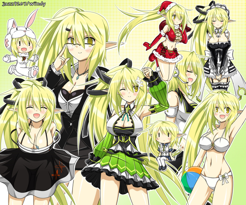 6+girls alternate_costume animal_costume arm_up armpits artist_name ball beachball bespectacled bikini black_ribbon black_skirt boots breasts bunny_costume chibi cleavage closed_eyes detached_sleeves elbow_gloves elsword enmaided flower glasses gloves green_eyes green_hair green_skirt hair_flower hair_ornament hair_ribbon hat headset jazz9207 jewelry large_breasts long_hair maid maid_headdress multiple_girls multiple_persona necklace one_eye_closed pointy_ears ponytail red_boots red_gloves red_skirt rena_(elsword) ribbon santa_hat skirt smile swimsuit v_arms white_bikini white_swimsuit wind_sneaker_(elsword)