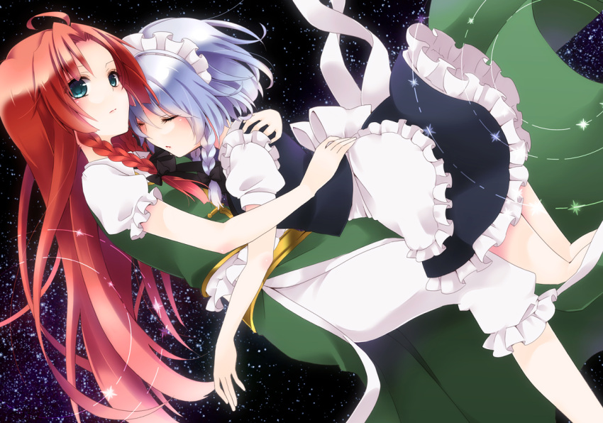 2girls apron blue_eyes braid chinese_clothes chitose_(usacan) closed_eyes expressionless eyelashes frilled_skirt frills hand_on_another's_back hong_meiling hug izayoi_sakuya long_hair looking_at_viewer lying_on_person maid_headdress multiple_girls no_hat pants puffy_short_sleeves puffy_sleeves redhead short_hair short_sleeves silver_hair skirt space touhou twin_braids waist_apron yuri